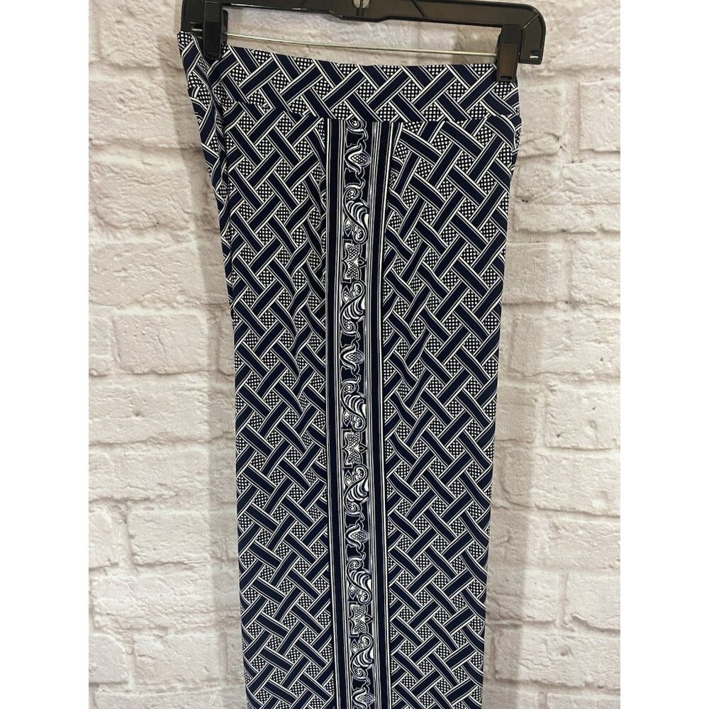 WHITE HOUSE BLACK MARKET Navy Blue White Basket Weave Pull On Wide Leg Pants M - Picture 6 of 12